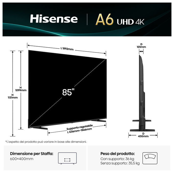 Hisense smart tv 85 pollici 4K, 85A6Q, Direct-LED, Dolby Vision, HDR10+, VIDAA, Game Mode Plus, Wi-Fi, Bluetooth