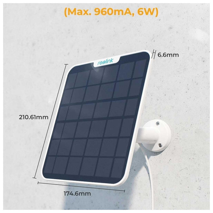 Reolink pannello solare 6 W, USB tipo-C, IP65, cavo 4 m, per telecamere a batteria, esterno, Bianco