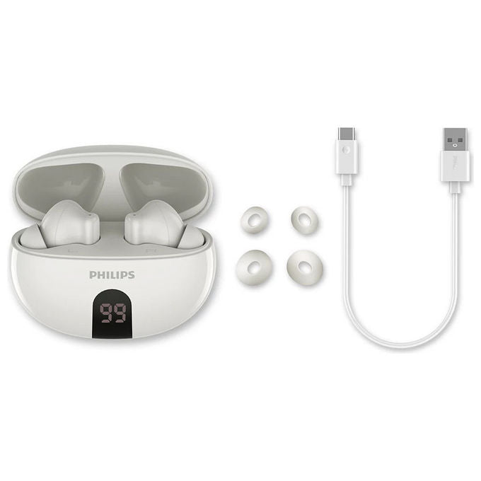 Philips auricolari true wireless TAT2520WT-00, cancellazione attiva del rumore, bluetooth 5.4, autonomia 20 ore, IPX4, bianco