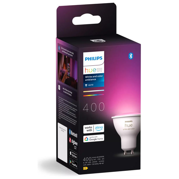 Philips Hue faretto connesso GU10, white and color ambiance, LED 4,2 W, 400 lm, Bluetooth e Zigbee, compatibile Alexa e Google Assistant