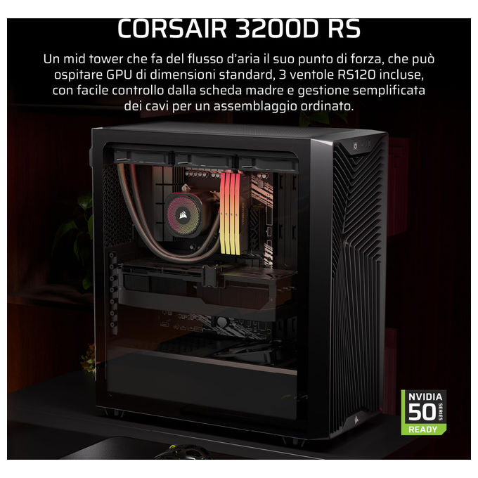Corsair 3200D RS, case PC mid tower, 3 ventole RS120 incluse, radiatore 360 mm, scheda madre connessione inversa, vetro temperato, nero
