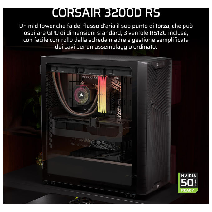 Corsair case PC mid tower 3200D RS, 3 ventole RS120 incluse, supporto radiatore 360mm, connessione inversa, vetro temperato, fumo