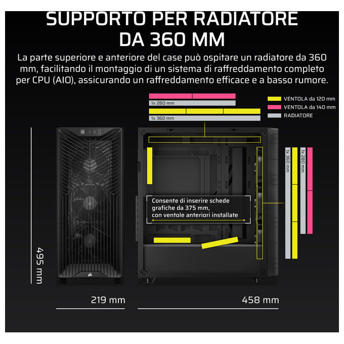 Corsair case PC mid tower 3200D RS, 3 ventole RS120 incluse, supporto radiatore 360mm, connessione inversa, vetro temperato, fumo