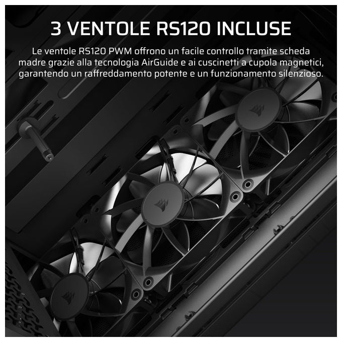 Corsair case PC mid tower 3200D RS, 3 ventole RS120 incluse, supporto radiatore 360mm, connessione inversa, vetro temperato, fumo