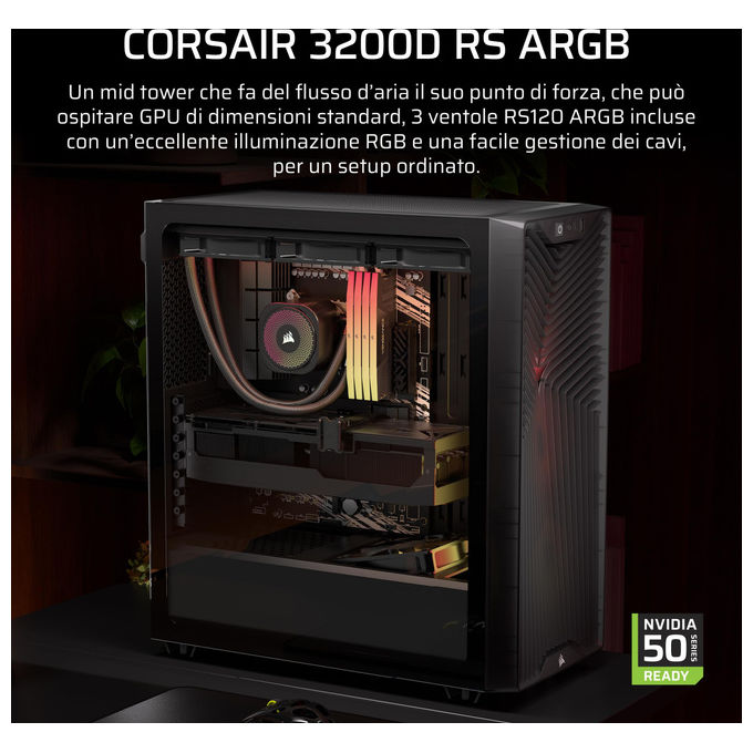 Corsair 3200D RS ARGB, case PC mid tower, 3 ventole RS120 ARGB, compatibile reverse motherboard, radiatore 360 mm, vetro temperato, Smoke