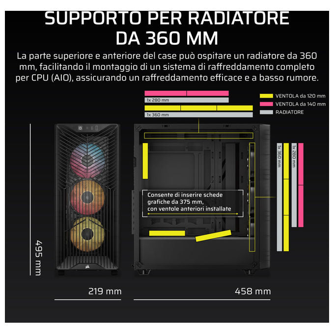 Corsair 3200D RS ARGB, case PC mid tower, 3 ventole RS120 ARGB, compatibile reverse motherboard, radiatore 360 mm, vetro temperato, Smoke