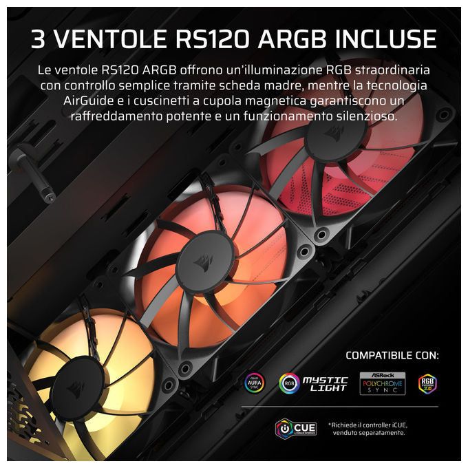 Corsair 3200D RS ARGB, case PC mid tower, 3 ventole RS120 ARGB, compatibile reverse motherboard, radiatore 360 mm, vetro temperato, Smoke