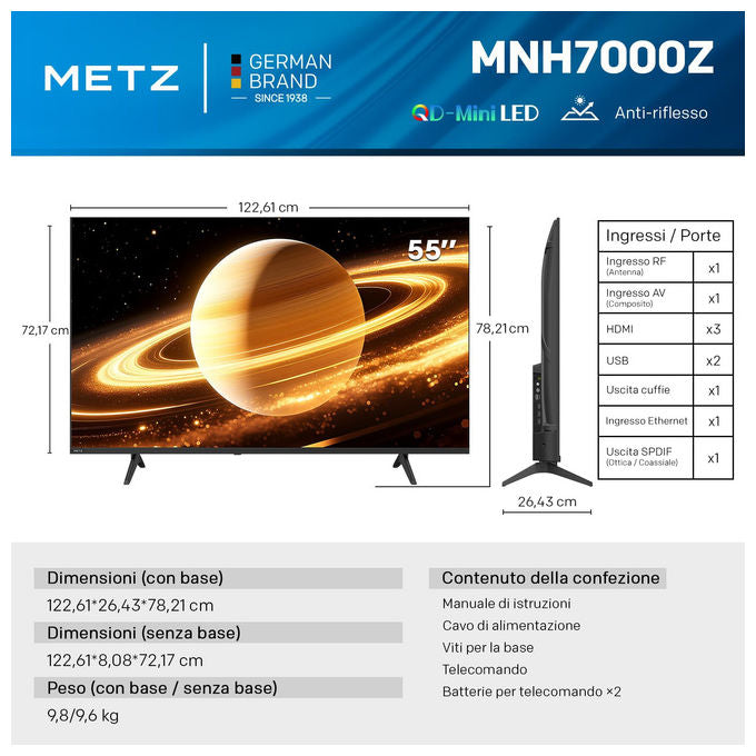Metz smart tv 55 pollici QD MiniLED 4K, Google TV, schermo opaco antiriflesso, Dolby Vision, Dolby Atmos, HDR10+, MEMC, 55MNH7000Z