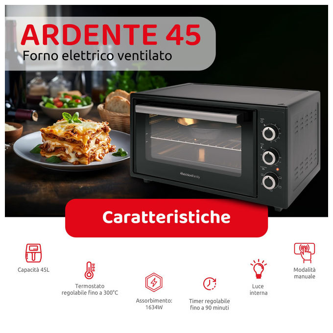 Melchioni forno elettrico ventilato Ardente 45, 45 litri, 300°C, 1634W, timer 90 minuti, nero