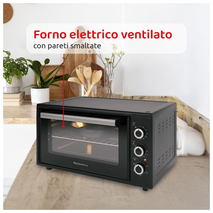 Melchioni forno elettrico ventilato Ardente 45, 45 litri, 300°C, 1634W, timer 90 minuti, nero