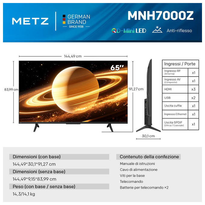 Metz smart tv 65 pollici QD MiniLED 4K, Google TV, Dolby Vision, HDR10+, Full Array Local Dimming, MEMC, Dolby Atmos, DVB-T2