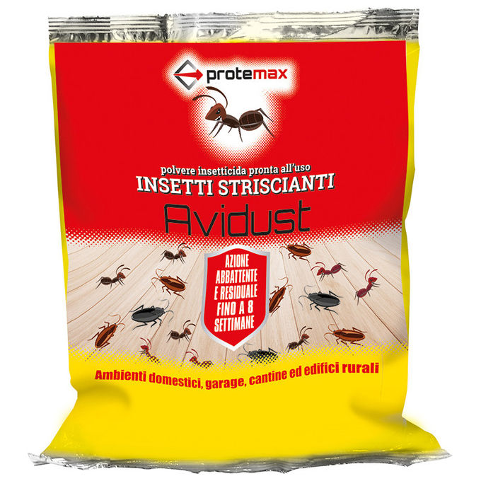 Protemax insetticida in polvere per insetti striscianti, 200 gr, formiche scarafaggi pulci, permetrina 0,5%, azione residuale 8 settimane