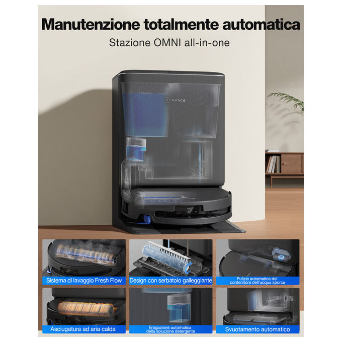 Ecovacs DEEBOT T90 Pro Omni robot aspirapolvere lavapavimenti, 30000 Pa, stazione omni, svuotamento automatico, nero