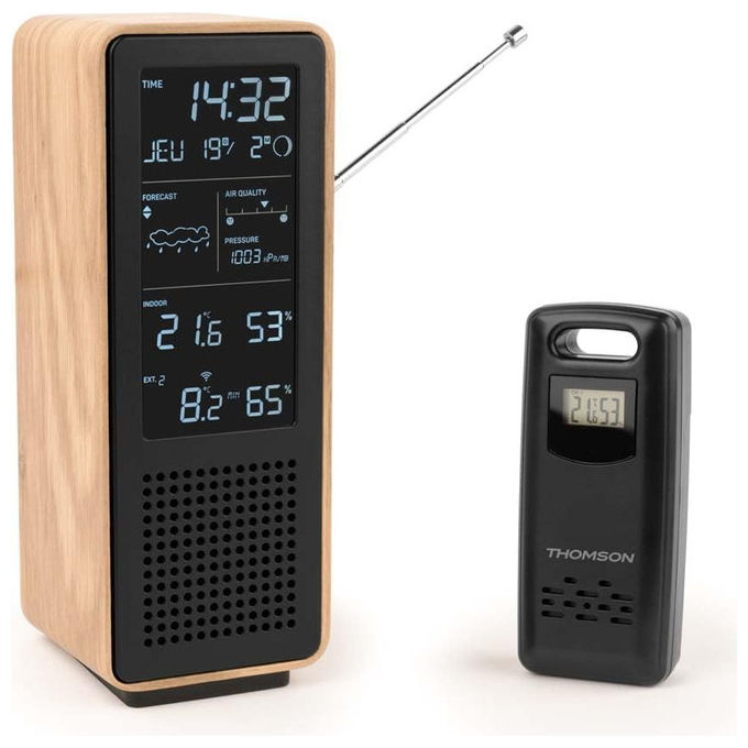 Thomson altoparlante Bluetooth e stazione meteo, 15W, Bluetooth 5.3, radio FM, sensore esterno wireless, orologio DCF, nero