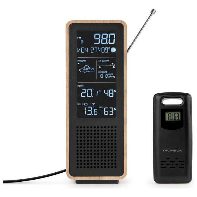 Thomson altoparlante Bluetooth e stazione meteo, 15W, Bluetooth 5.3, radio FM, sensore esterno wireless, orologio DCF, nero