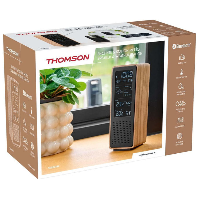 Thomson altoparlante Bluetooth e stazione meteo, 15W, Bluetooth 5.3, radio FM, sensore esterno wireless, orologio DCF, nero