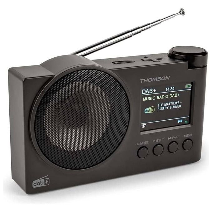 Thomson radiosveglia digitale DAB+ FM, RT400DABBT, altoparlante Bluetooth, doppia sveglia, USB MP3, AUX, batteria ricaricabile, nero