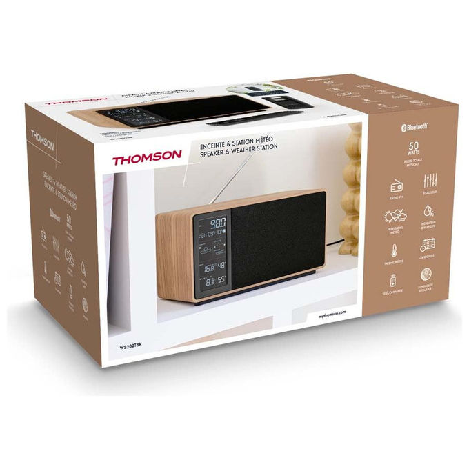 Thomson altoparlante Bluetooth con stazione meteo, 50 W, radio FM, sensore esterno wireless, orologio DCF, nero, WS202TBK
