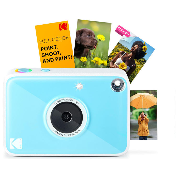 Kodak Printomatic+ fotocamera istantanea digitale 10MP, stampa Zink 2x3'', LED RGB, foto adesive senza inchiostro, blu