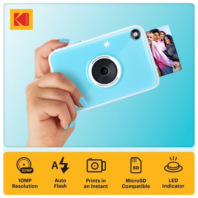 Kodak Printomatic+ fotocamera istantanea digitale 10MP, stampa Zink 2x3'', LED RGB, foto adesive senza inchiostro, blu