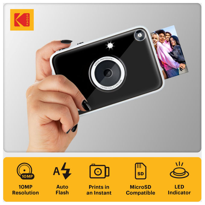 Kodak Printomatic+ fotocamera istantanea digitale, 10 MP, stampa Zink 2x3'', LED RGB, foto adesive senza inchiostro, nera