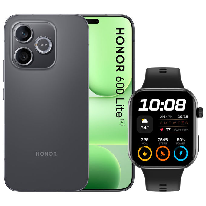Honor 600 Lite bundle con Watch 2i, 6,6 pollici AMOLED 120Hz, 8 GB RAM, 256 GB, 108 MP, 5G, nero