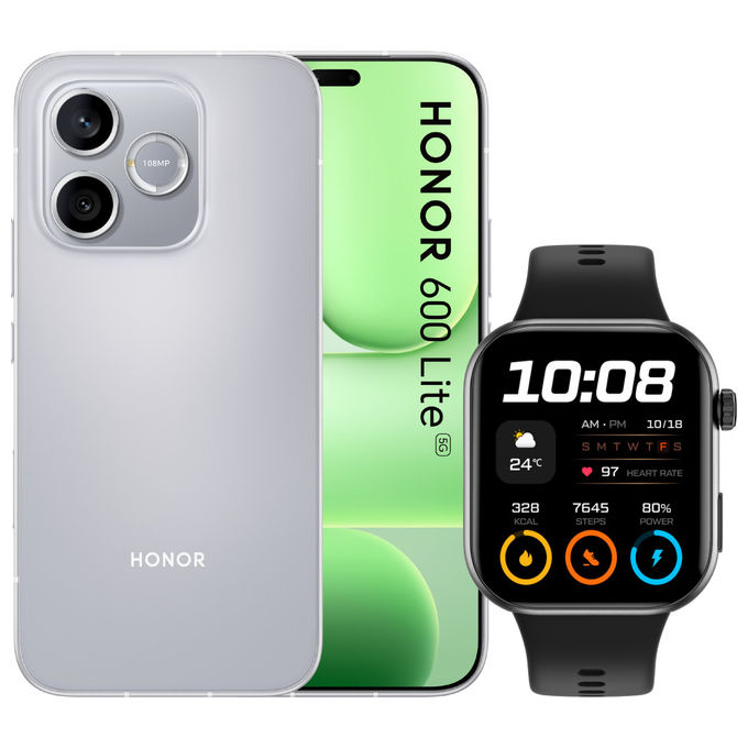 Honor 600 Lite bundle con Watch 2i, smartphone 6.6'' AMOLED, 8 GB RAM, 256 GB, 108 MP, 5G, Velvet Grey