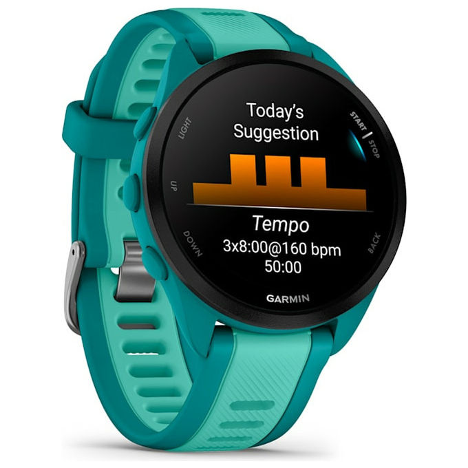 Garmin Forerunner 165 Music, smartwatch GPS, display AMOLED 1.2'', cardiofrequenzimetro, 43 mm, turchese