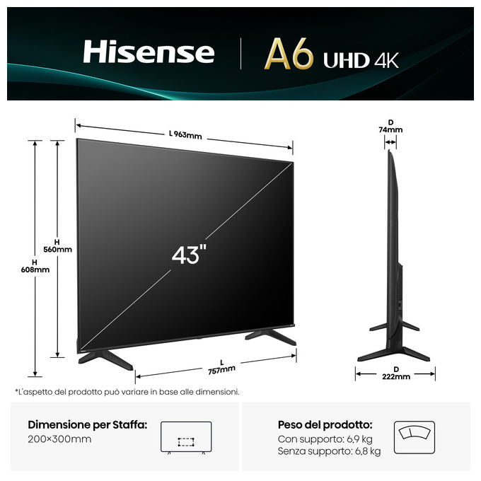 Hisense smart tv 43 pollici 4K ultra HD, 43A6Q, VIDAA, Dolby Vision, HDR10+, game mode plus, VRR, Wi-Fi, nero