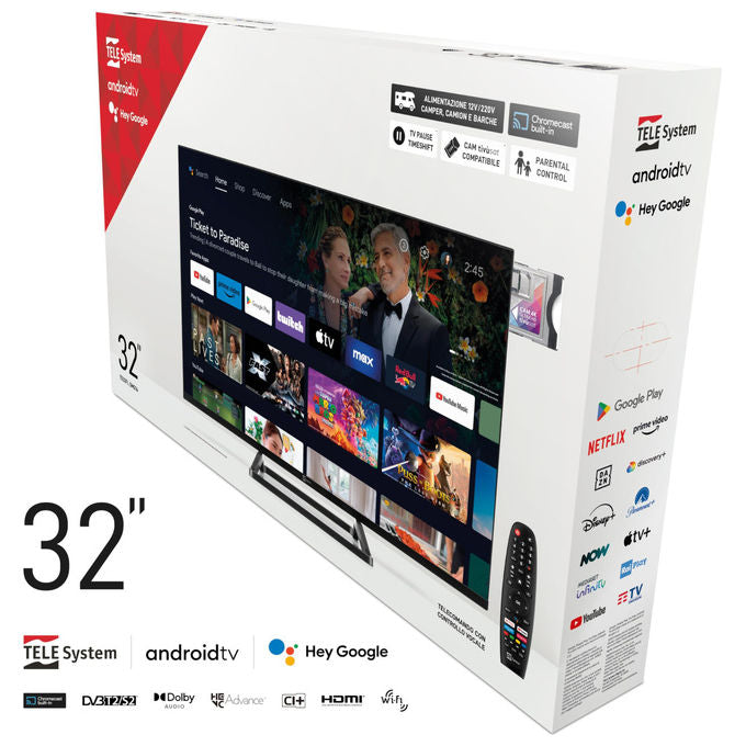 Tele System smart tv 32 pollici TS32FL SMG14, Android TV, DVB-T2-S2, tivu'sat HD, Google Assistant, Chromecast, 12V-220V, camper e barca