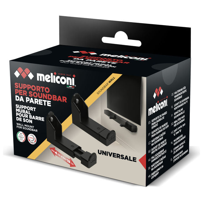 Meliconi supporto soundbar a parete, universale, portata 10 kg, muro e cartongesso, protezione antivibrazione EVA, tasselli Fischer inclusi, nero
