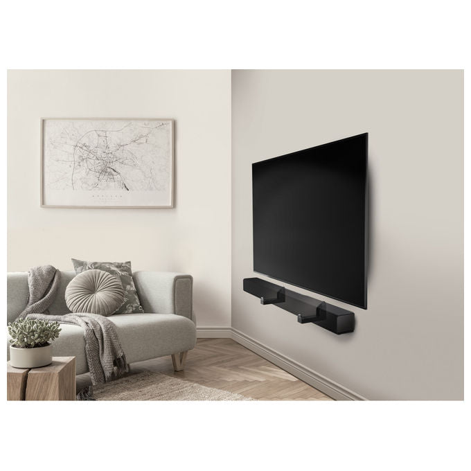 Meliconi supporto soundbar a parete, universale, portata 10 kg, muro e cartongesso, protezione antivibrazione EVA, tasselli Fischer inclusi, nero