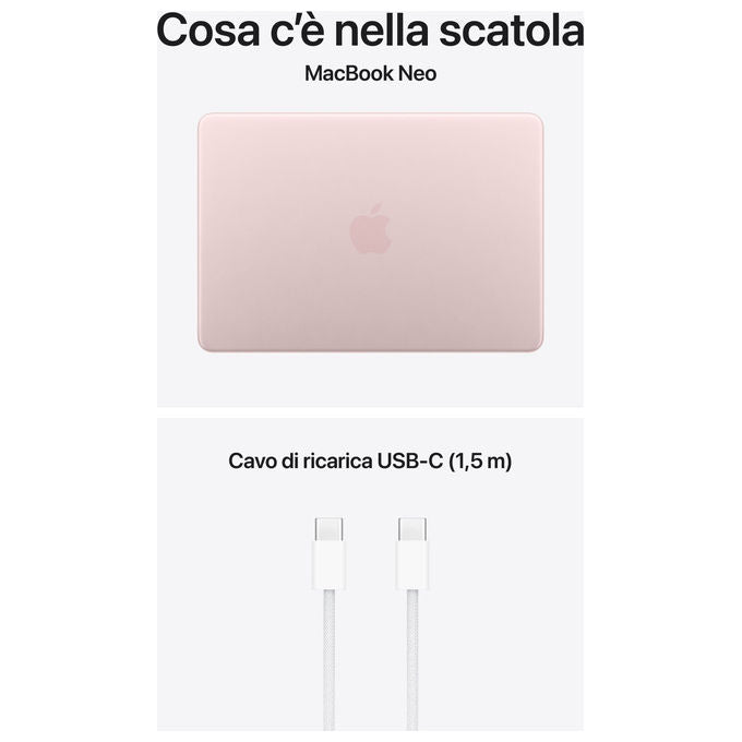 Apple MacBook Neo 13'', chip A18 Pro, cpu 6 core, gpu 5 core, 8GB memoria unificata, SSD 512GB, Touch ID, rosa pastello