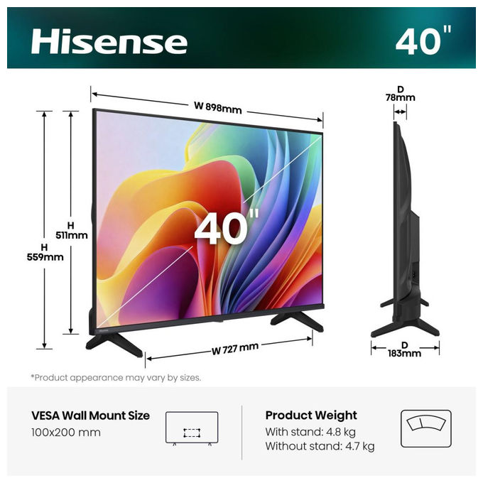Hisense 40A49S Smart TV LED 40'' Full HD VIDAA Wi-Fi HDR10 DVB-T2 HEVC colore Nero