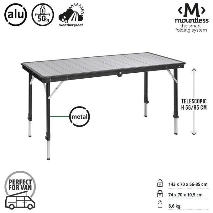 Brunner Dinemic 6, tavolo da campeggio pieghevole, alluminio, regolabile in altezza 56 85 cm, 6 posti, portata 50 kg