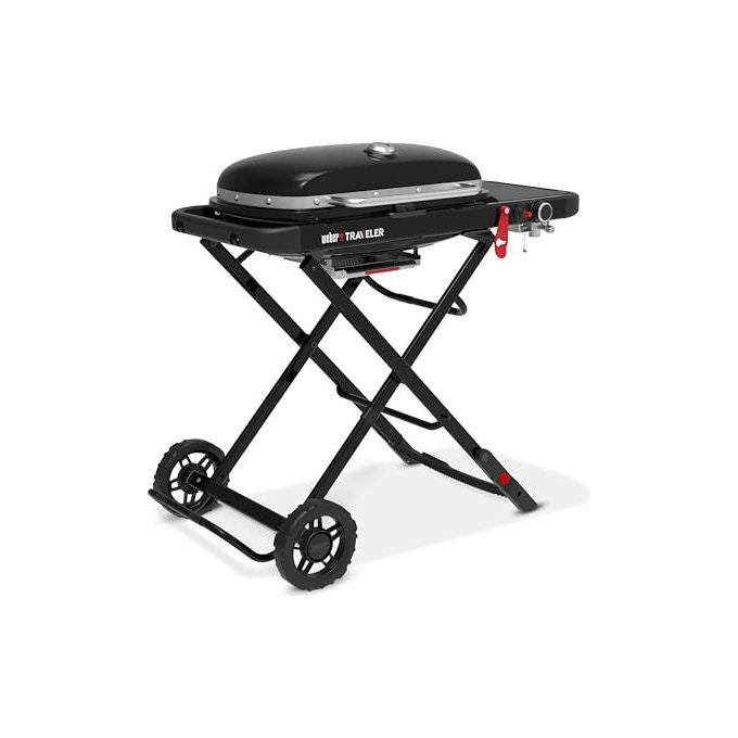 Weber Traveler barbecue a gas portatile, 1 bruciatore 3,8 kW, griglie in ghisa smaltata, 2065 cm², pieghevole con ruote, nero