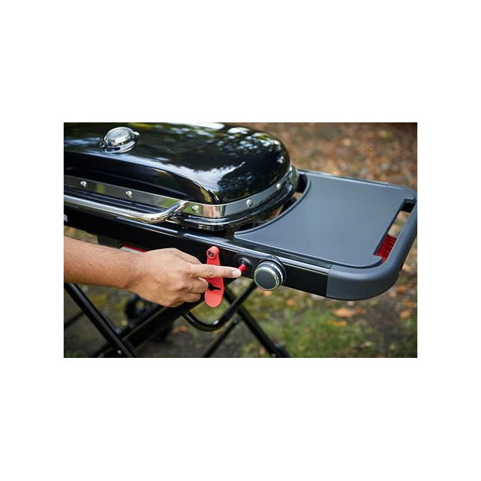 Weber Traveler barbecue a gas portatile, 1 bruciatore 3,8 kW, griglie in ghisa smaltata, 2065 cm², pieghevole con ruote, nero