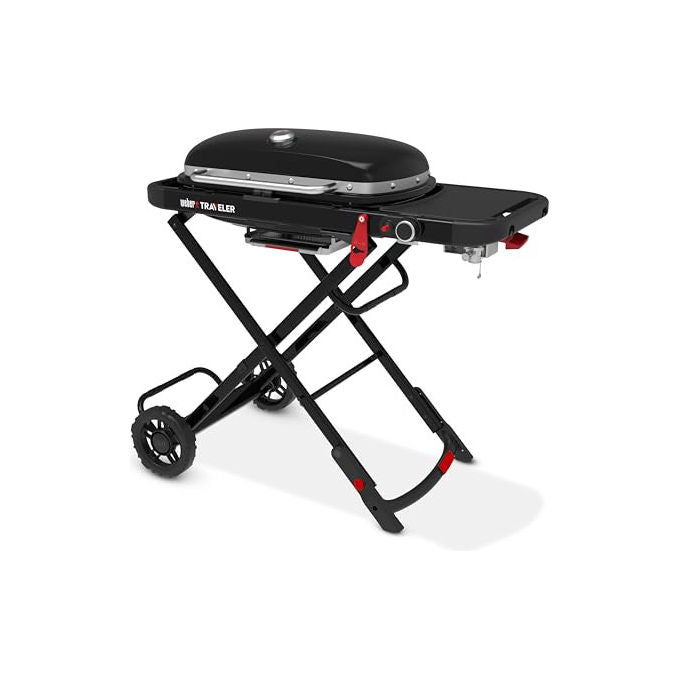 Weber Traveler barbecue a gas portatile, 1 bruciatore 3,8 kW, griglie in ghisa smaltata, 2065 cm², pieghevole con ruote, nero