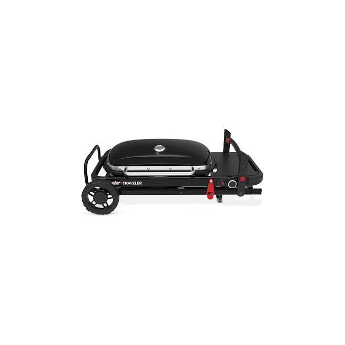 Weber Traveler barbecue a gas portatile, 1 bruciatore 3,8 kW, griglie in ghisa smaltata, 2065 cm², pieghevole con ruote, nero