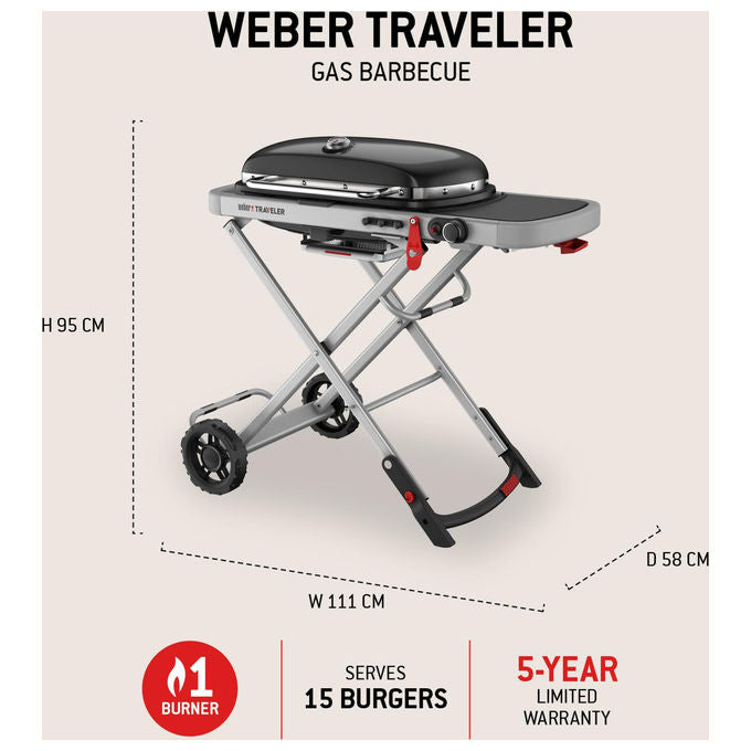 Weber Traveler barbecue a gas portatile, 1 bruciatore 3,8 kW, griglie in ghisa smaltata, 2065 cm², pieghevole con ruote, nero