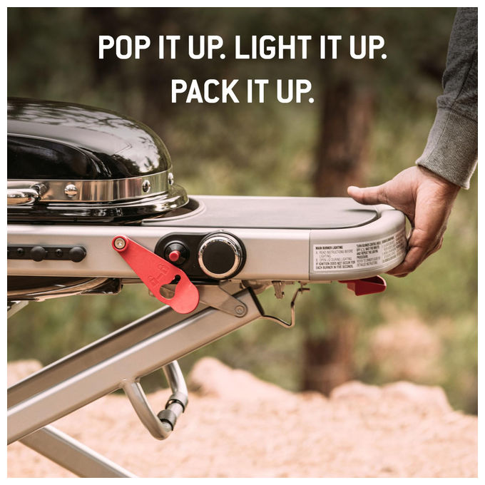 Weber Traveler barbecue a gas portatile, 1 bruciatore 3,8 kW, griglie in ghisa smaltata, 2065 cm², pieghevole con ruote, nero