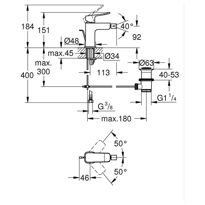 Grohe 1018770000 Dice Miscelatore monocomando bidet monoforo cartuccia ceramica SilkMove 28 mm water saving 5 l-min piletta saltarello colore Cromo