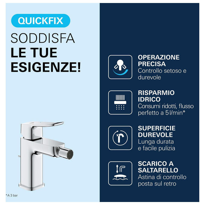 Grohe 1018770000 Dice Miscelatore monocomando bidet monoforo cartuccia ceramica SilkMove 28 mm water saving 5 l-min piletta saltarello colore Cromo