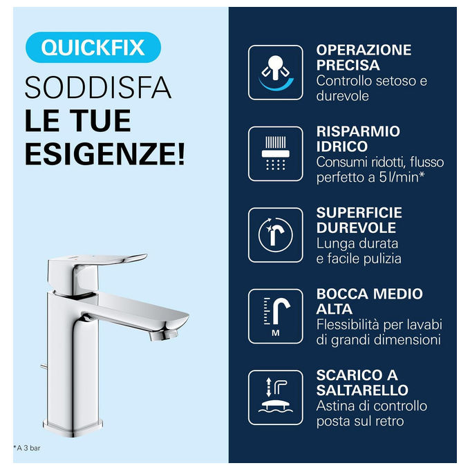 Grohe Dice miscelatore Mono Splitcomando lavabo taglia M, cromo, piletta click-clack, cartuccia ceramica 28 mm, risparmio idrico, 1018320000