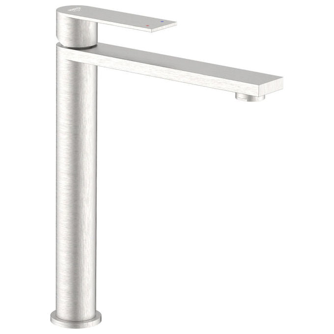 Idro Bric miscelatore lavabo alto serie Solar, acciaio spazzolato SS304, cartuccia ceramica 25 mm, rompigetto 6 l-min, flessibili inox 3-8F
