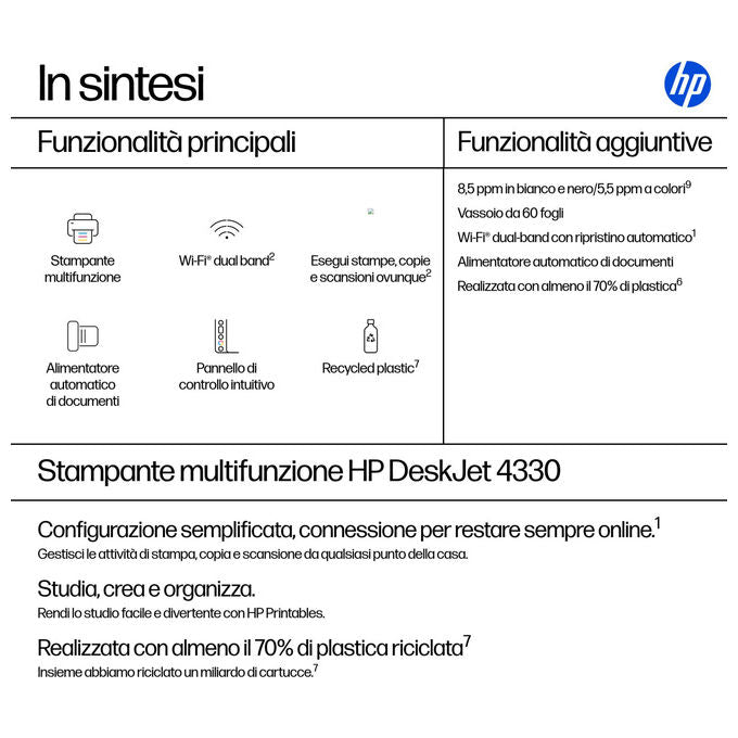 HP DeskJet 4330, stampante multifunzione inkjet wireless, stampa copia scansione, Wi-Fi, ADF, colore, A4