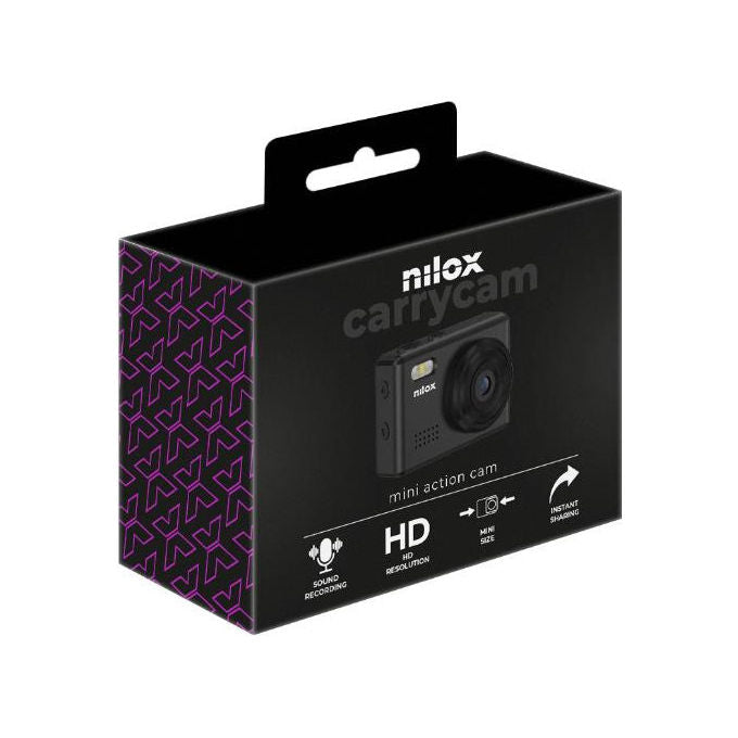 Nilox mini action cam portachiavi, 2 MP, HD 720p, 30fps, 5 filtri vintage, display LCD, microSD fino a 64 GB, nera