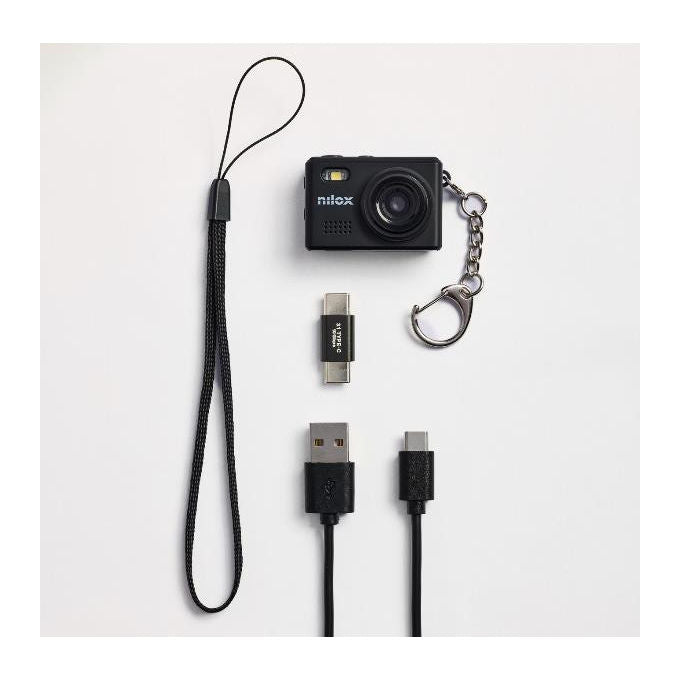 Nilox mini action cam portachiavi, 2 MP, HD 720p, 30fps, 5 filtri vintage, display LCD, microSD fino a 64 GB, nera