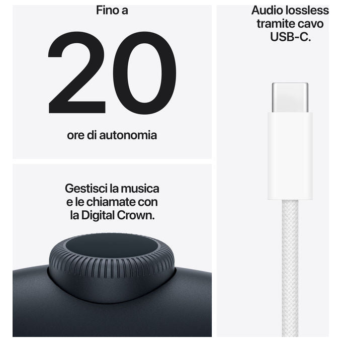 Apple AirPods Max 2, cuffie over-ear wireless, chip H2, cancellazione attiva del rumore, audio spaziale, Bluetooth 5.3, 20h autonomia, Mezzanotte