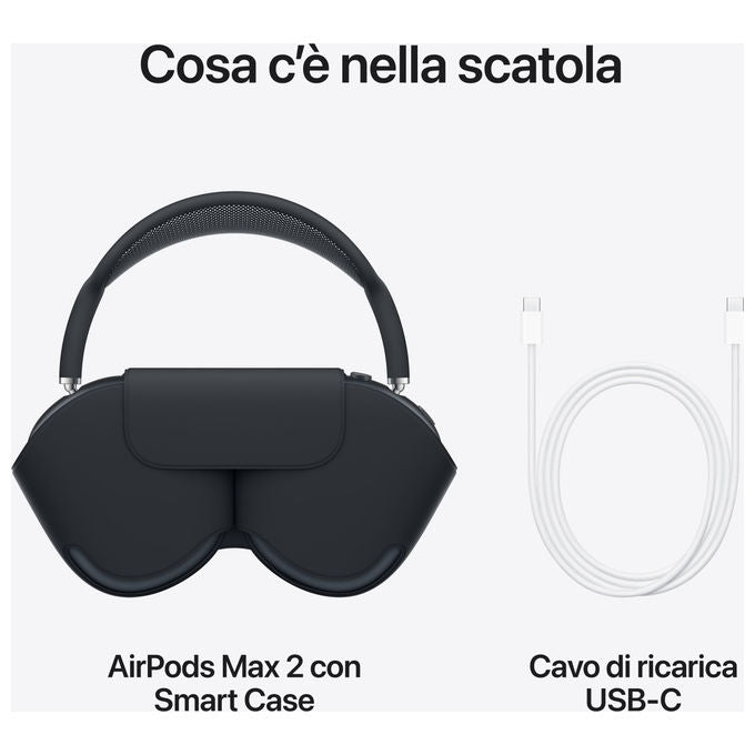 Apple AirPods Max 2, cuffie over-ear wireless, chip H2, cancellazione attiva del rumore, audio spaziale, Bluetooth 5.3, 20h autonomia, Mezzanotte